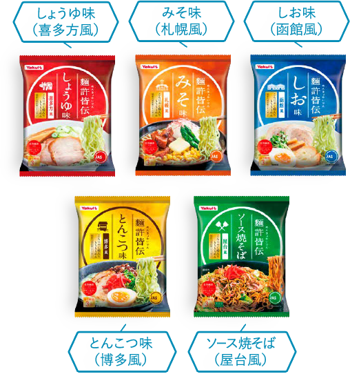 しょうゆ味（喜多方風） みそ味（札幌風） しお味（函館風） とんこつ味（博多風） ソース焼そば（屋台風）